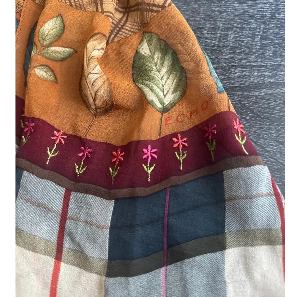 Vintage Echo Chiffon‎ Embroidered Scarf Flowers Plaid Leaves Autumn Fall